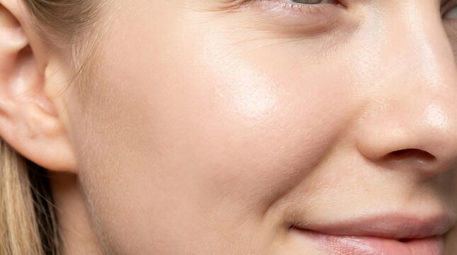 Extreme macro of natural skin texture showing pores and fine lines, detailed skin texture for skincare and dermatology advertising, close-up shot of female skin texture with glow.