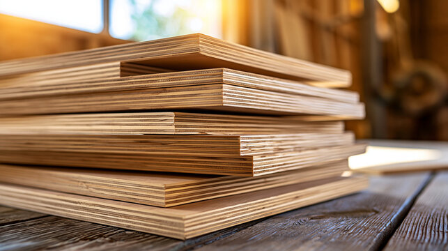 Stack of plywood sheets on wooden table