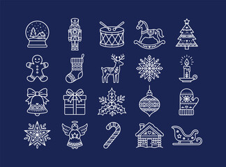 Outline vector Christmas icon set featuring white line art winter holiday symbols including a snow globe, nutcracker, rocking horse, gingerbread man, stocking, reindeer, snowflake, candle, b © LitonKumar