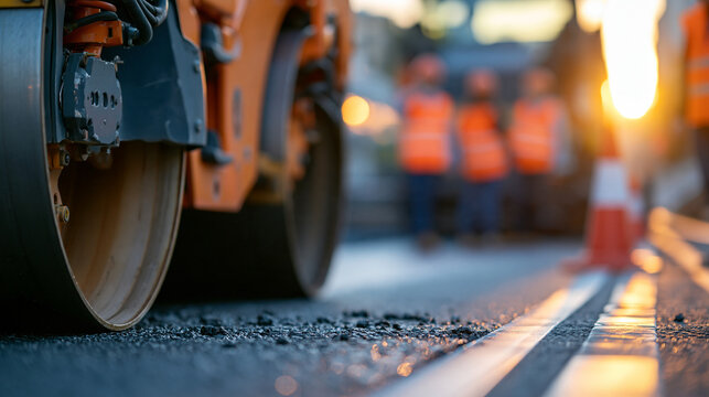 Heavy asphalt roller machine and faceless civil engineering project managers paving a new highway at sunset, infrastructure development, urban civil engineering and industrial