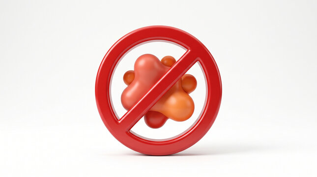 Red prohibition sign over abstract 3D virus cell on white background