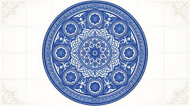 Blue and White Ceramic Tile Mandala Pattern: An intricate circular mandala design, inspired by traditional blue and white ceramic tiles, radiates symmetry and artistic beauty.