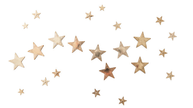 Scattered golden metallic foil star stickers on a transparent background