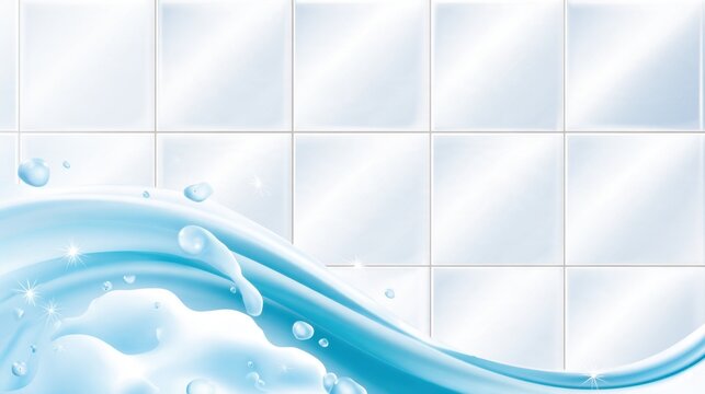 A smooth, shiny tile surface with a flowing wave of blue water and bubbles, reflecting light