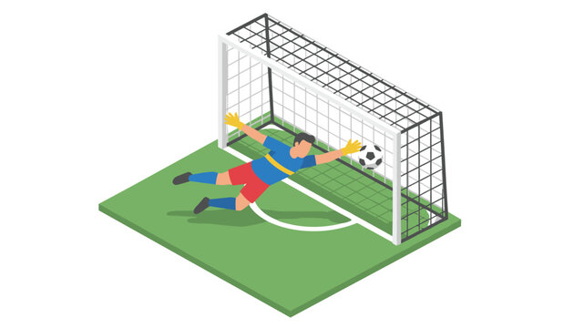 A soccer goalkeeper diving to catch a football near the goal net on a green grass field, representing a dramatic match save.