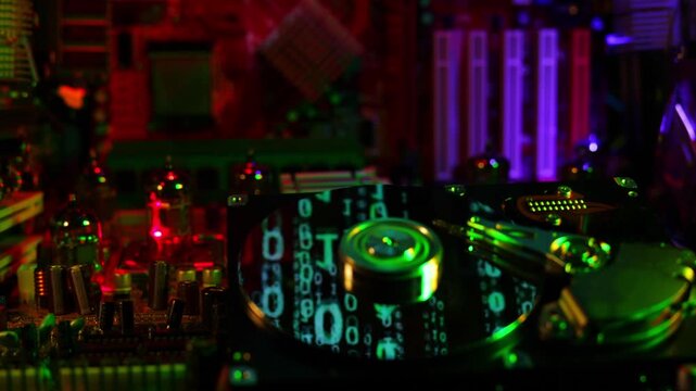  Cinematic camera dolly in movement revealing a digital binary matrix code reflecting on an open spinning hard drive plate while a vacuum tube glows red.