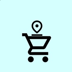 Minimalist shopping cart icon with a location pin symbol, representing local store pickup, e-commerce tracking, and grocery delivery service concept. © Rozi