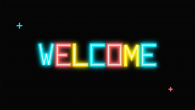 Neon Welcome Sign Glowing Brightly on Black Background.