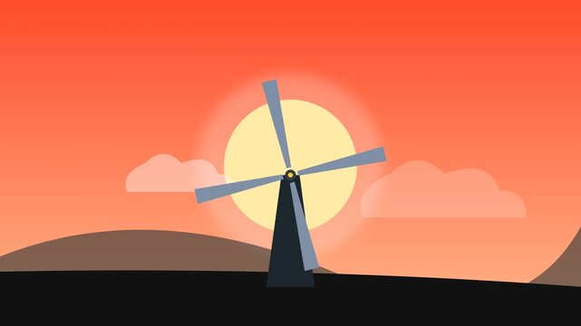 Windmill Silhouette at Sunset with Sun and Clouds.