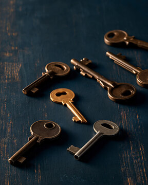 antique brass keys scattered on dark blue wooden