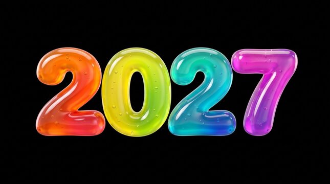 Vivid number 2027, glossy reflections highlighting a spectrum, celebrating a new year, vibrant concept, joyful and optimistic