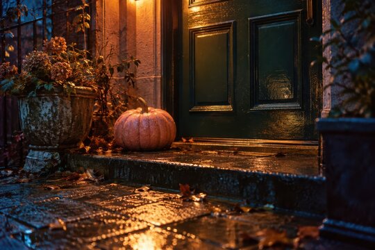 Halloween atmosphere on a wet threshold, rich film grain throughout
