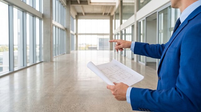 Professional real estate consultant pointing at empty modern office