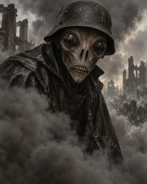 The soldier beyond humanity watches silently among shattered urban ruins