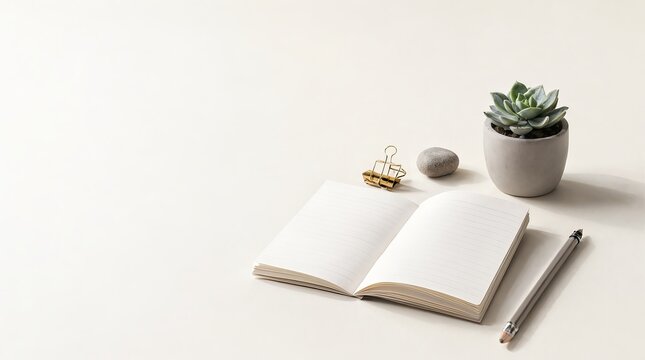 Minimalist Desktop Concept with Open Journal, Writing Supplies, and Small Potted Succulent Plant.
