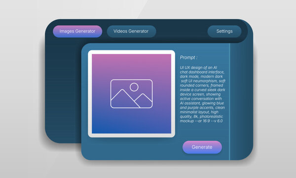 Dark blue AI image generator dashboard UI mockup with prompt panel and generate button