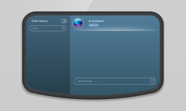 Dark blue curved AI chat application desktop UI mockup with sidebar history and prompt bar