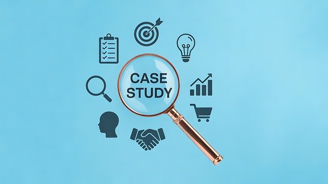 Business case study analysis and research concept with magnifying glass focusing on text and surrounding strategy icons on blue background