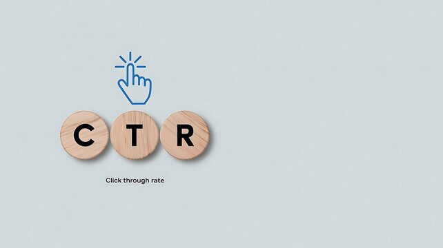 Click Through Rate concept with hand cursor icon and wooden letters CTR on blue background