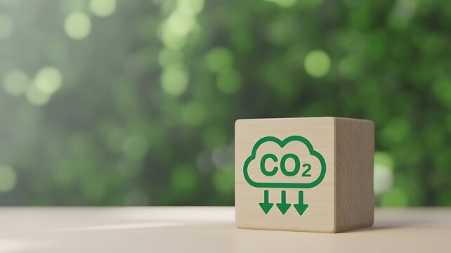 Wooden block with CO2 reduction icon on green bokeh background for carbon footprint emission decrease and sustainability concept