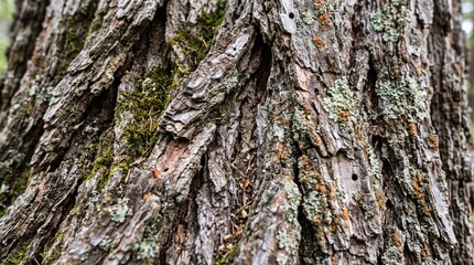 Obraz premium Close up of rough textured tree bark with moss and lichen in a forest setting