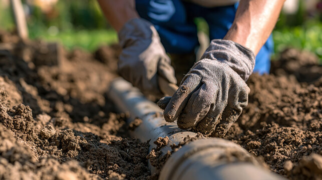 Worker hands installing plastic irrigation pipe in garden