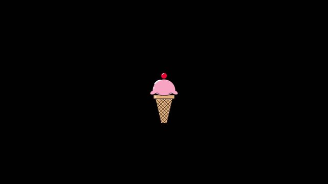 3 d pink ice cream scoop with cherry on waffle cone isolated on black background