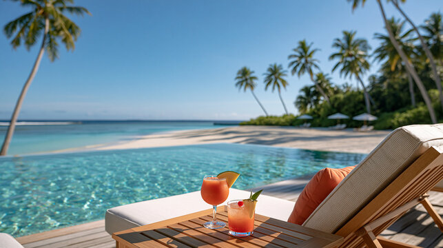 Tropical resort pool with cocktails and ocean view