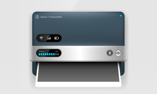 Mini portable smart printer device UI mockup with document printing status bar