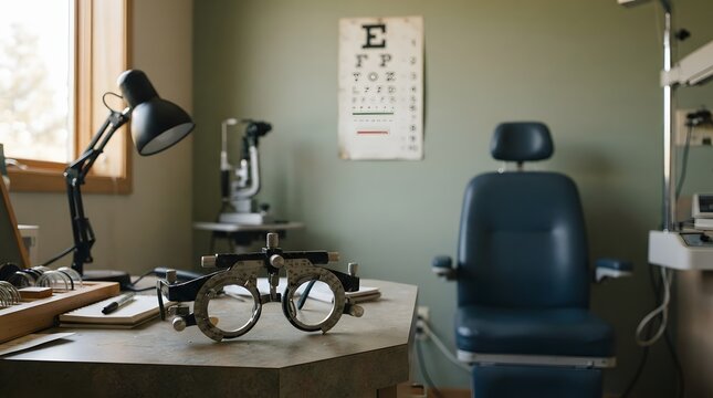 A trial frame for an eye exam sits on a desk in an optometry office with chart chair background rests desk medical