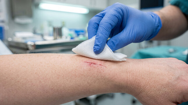 First Aid Care: A gloved hand gently cleans a wound on an arm with a wipe, illustrating medical attention and care in a clinical setting.