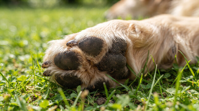 Close-up of a Golden Retriever's Paw on Green Grass: A macro shot focuses on the paw of a golden retriever lying on a bed of vibrant green grass, showcasing the texture and details of its paw pads.
