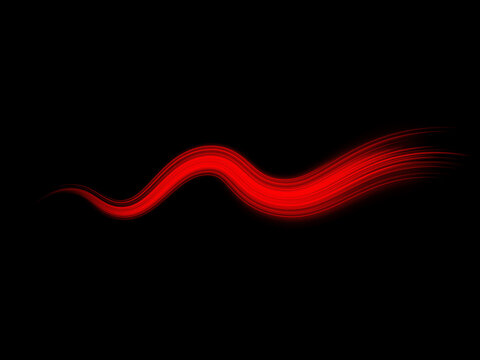 A sinuous red light trail forms a smooth flowing wave on a dark black background. The lines show varying thickness and a radiant glowing effect. This visual is perfect for energy, motion.