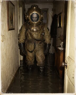 Antique diving suit stands in a flooded hallway like a forgotten visitor