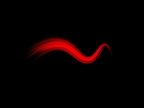 A dynamic red light streak curves smoothly over a black background. Its vivid color and layered motion lines create a sense of speed and fluidity. This vibrant wave effect is ideal for.