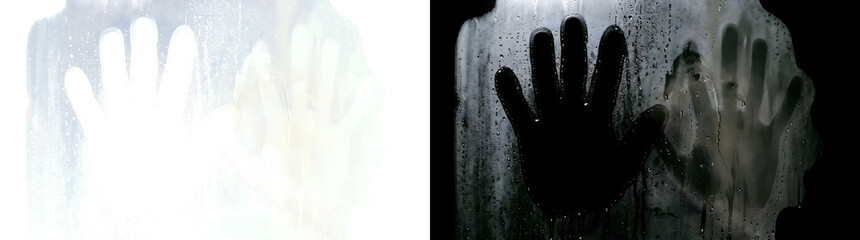 Fototapeta premium Handprint silhouette and ghostly faded print on fogged glass for horror designs in PNG, Transparent and Black Background Versions