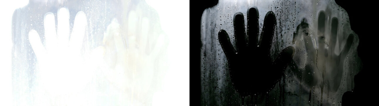 Handprint silhouette and ghostly faded print on fogged glass for horror designs in PNG, Transparent and Black Background Versions