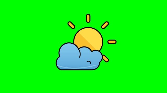 Animated cartoon weather illustration showing a sun partially covered by a cloud on a green screen background