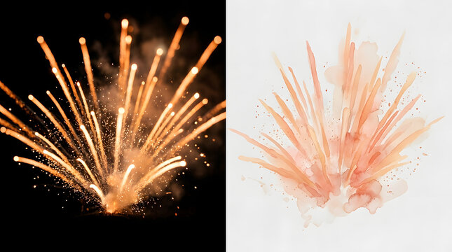 Explosion of Light: A brilliant display of fireworks erupts, casting a warm glow and illuminating the night sky with streaks of golden light.