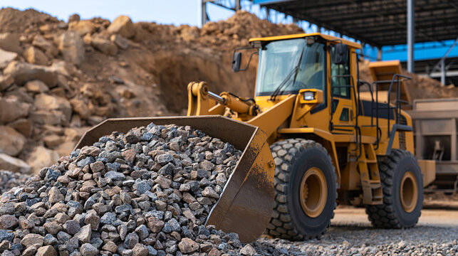 Yellow wheel loader moving gravel at construction site