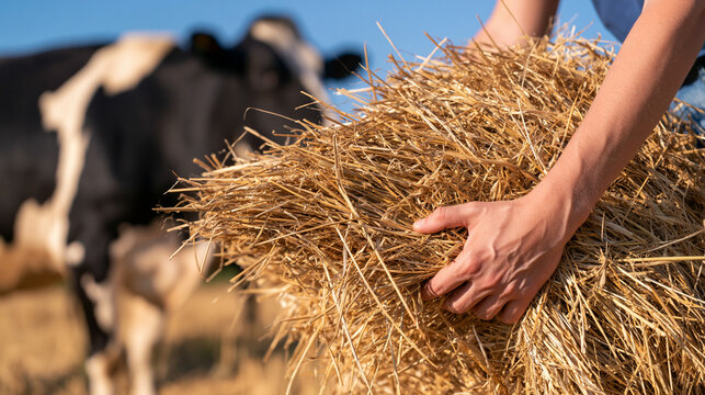Farmer hands holding hay bale with cow in