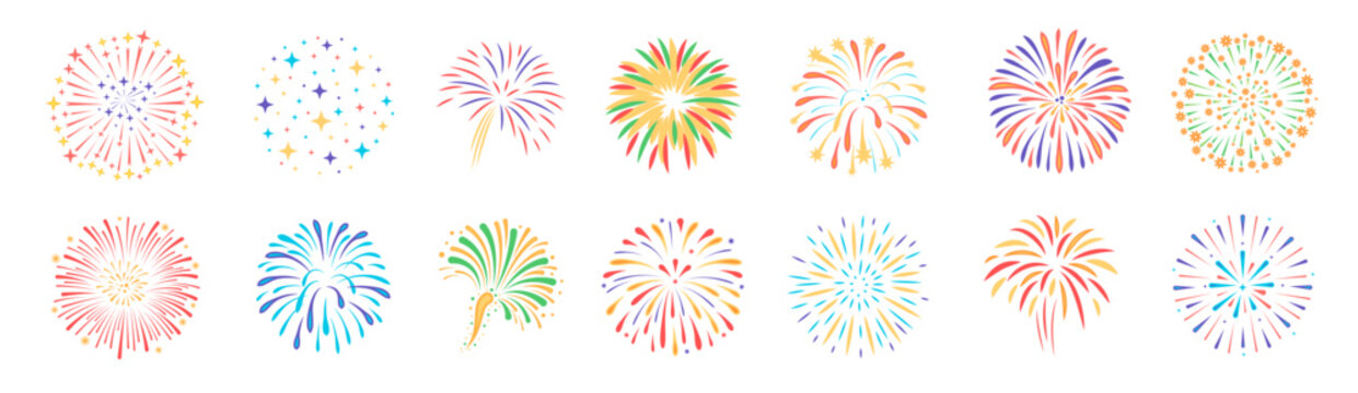 Colorful fireworks collection on white background