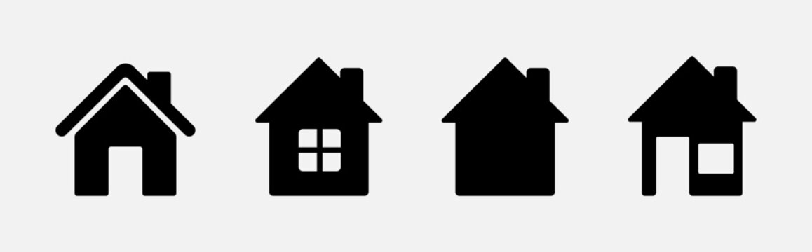 Set of four black house icons on grey background