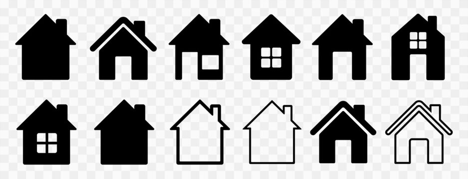 Set of twelve black house icons with various designs