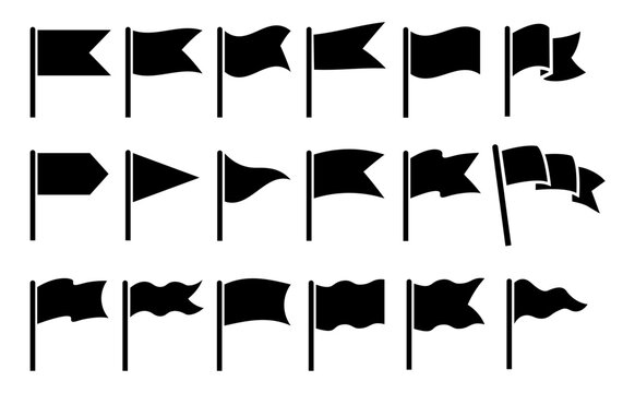 Variety of black flag icons in simple silhouette design for graphic use