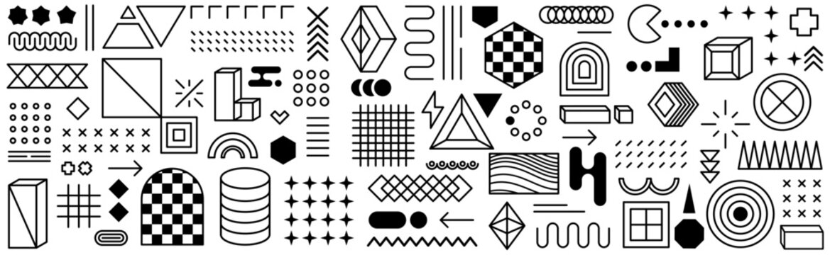 Geometric abstract pattern with diverse shapes and lines in black and white