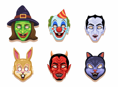 Halloween masks collection featuring witch, clown, vampire, rabbit, devil, and cat