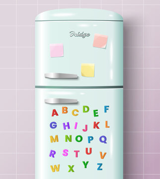 Retro turquoise fridge with colorful alphabet magnets and sticky notes