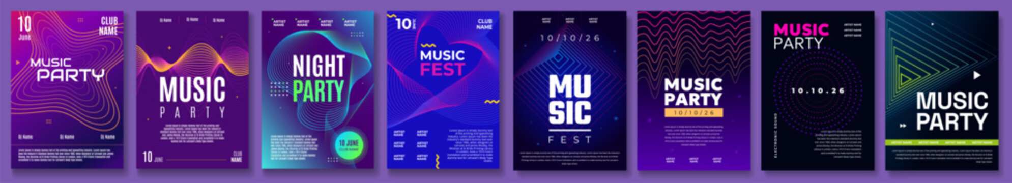 Vibrant music party posters with modern design elements and dynamic color schemes
