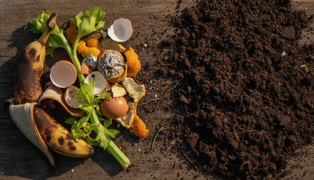 Compost heap on a wooden background with kitchen scraps including banana peels, eggshells, celery, and citrus rinds ready for organic decomposition.